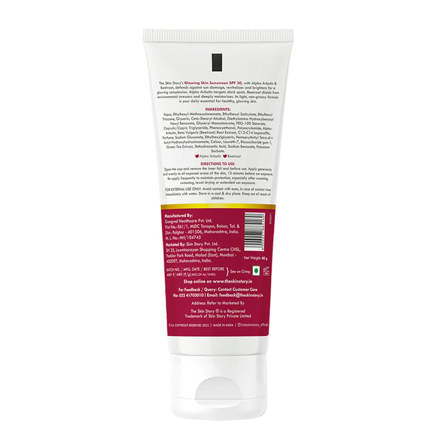 The Skin Story Beetroot Glowing Skin Face Sunscreen SPF 30 PA++ For Sun Tan Dark Spots Pigmentation - 40 gm