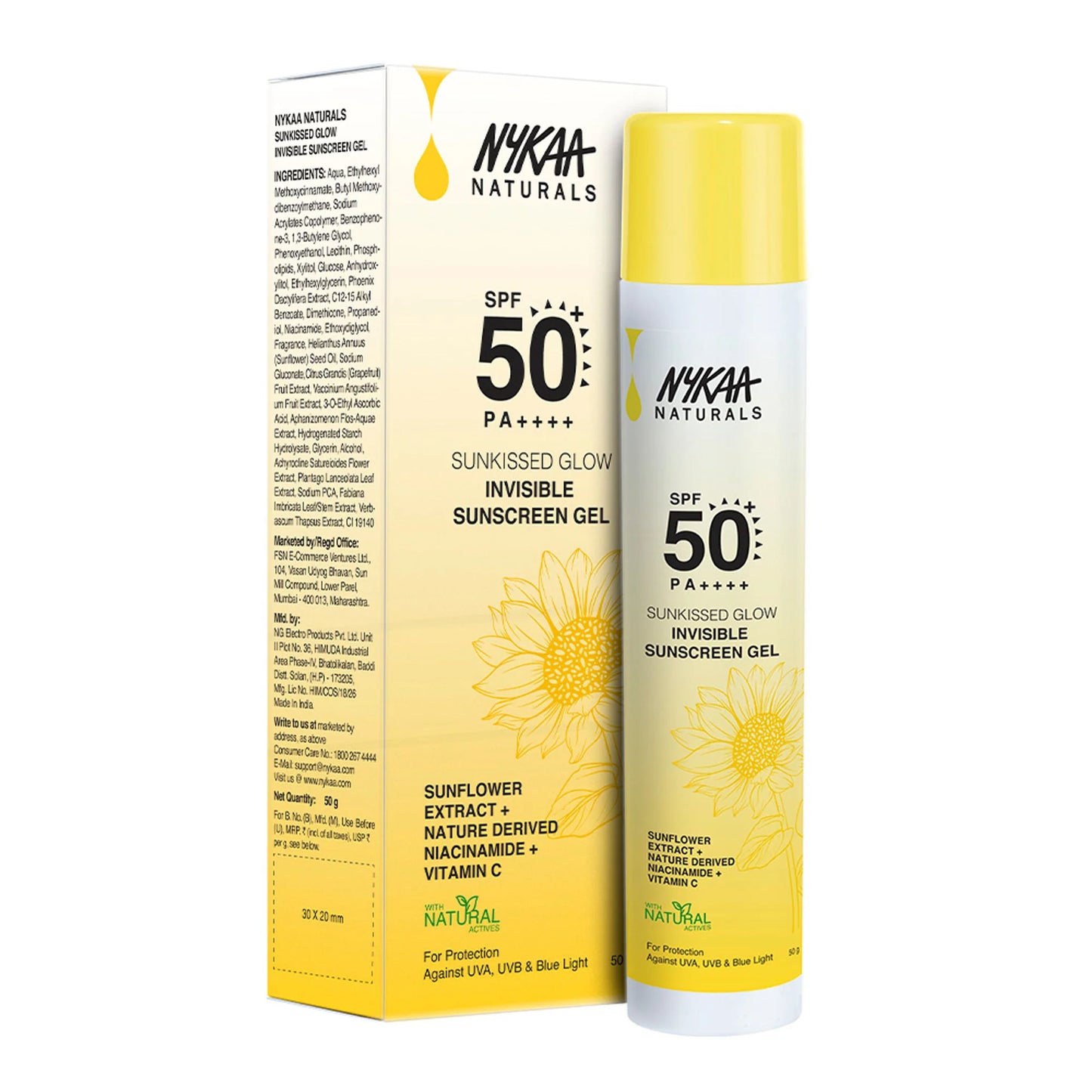 Nykaa Naturals SUNKISSED GLOW Invisible Sunscreen Gel SPF 50 PA++++ with Niacinamide and Vitamin C - 50 gm