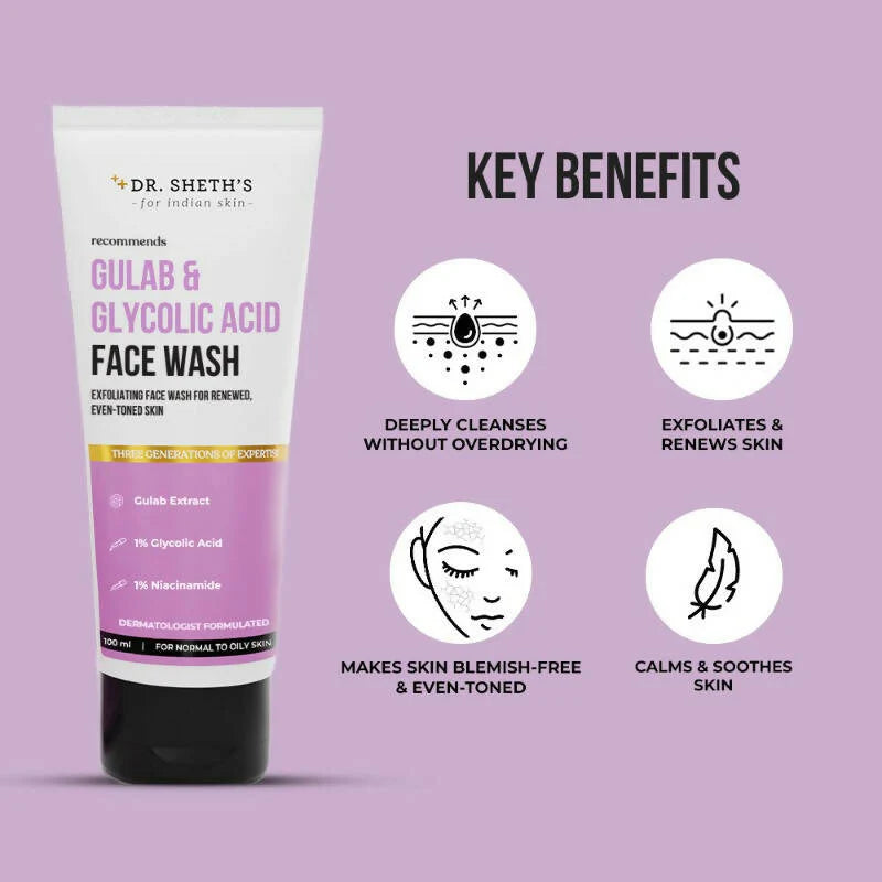 Dr. Sheth's Gulab & Glycolic Acid Face Wash For Even Toned Skin, Daily Brightening, For Normal to Oily Skin