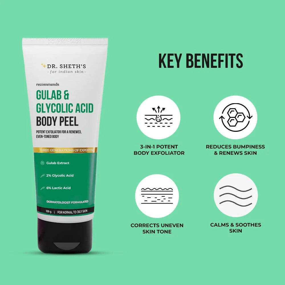 Dr. Sheth's Gulab & 2% Glycolic Acid Body Peel For Glowing Skin & Tan Removal, For Normal to Oily Skin