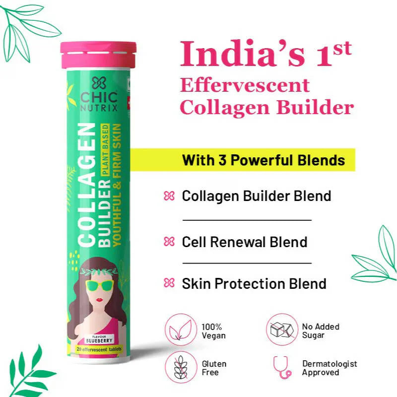 Chicnutrix Plant Based Collagen Builder Tablets for Youthful & Firm Skin -Blueberry Flavor