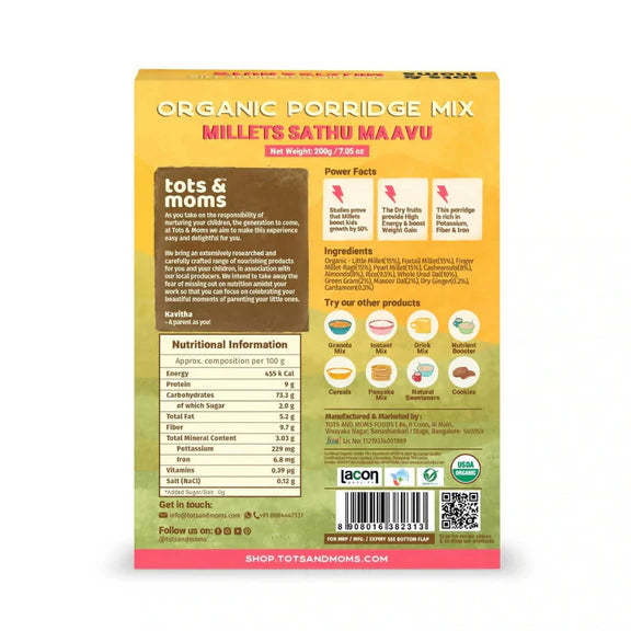 Tots and Moms Organic Millets Sathu Mavu Porridge Mix - 200 gm