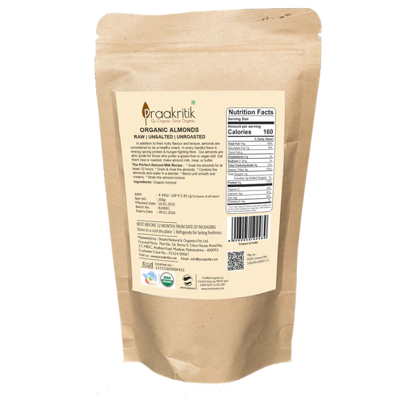 Praakritik Organic Almonds - 200 gm