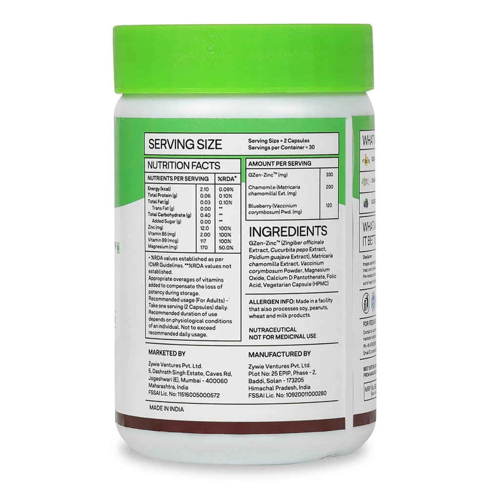 OZiva Plant Based Bettr.Zinc+ With Chamomile & Ginger Root Extract -60 caps