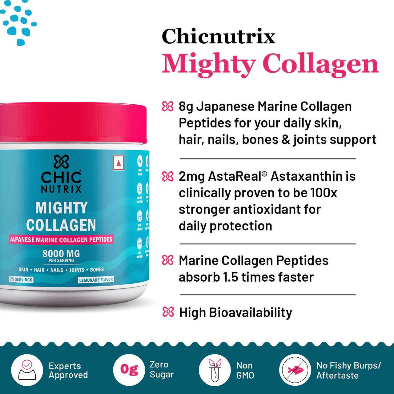 Chicnutrix Mighty Collagen Japanese Collagen Powder For Skin, Hair, Nails & Joints - Lemonade Flavor