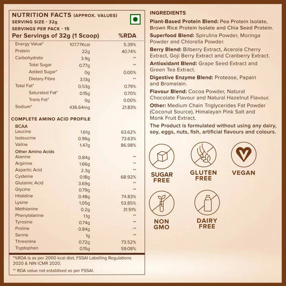 Wellbeing Nutrition Superfood Plant Protein-Dark Chocolate Hazelnut - 500 gm