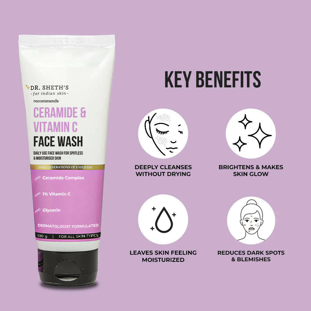 Dr. Sheth's Ceramide & Vitamin C Brightening Face Wash Gently Cleanses, Hydrates & Reduces Dark Spots, For Normal, Oily & Combination Skin