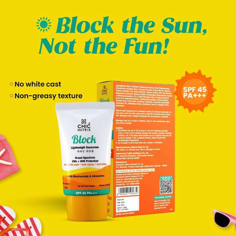 Chicnutrix Korean Block Lightweight Sunscreen SPF 45 PA+++ UVA + UVB Protection, Reduces Fine Lines And Wrinkles, Korean Skincare