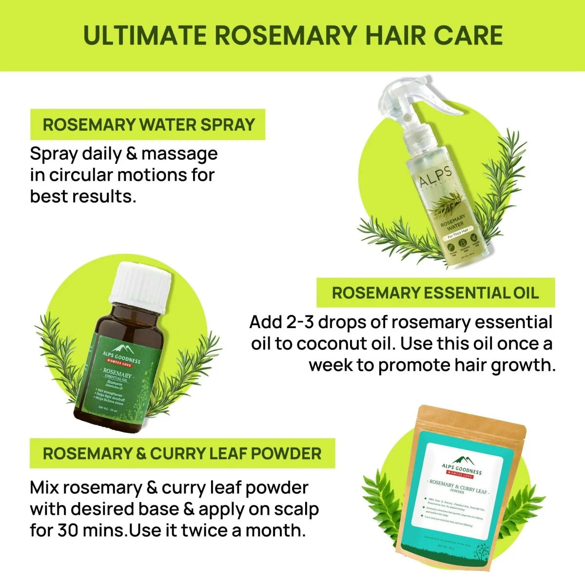 Alps Goodness Rosemary Hair Essentials Kit - Rosemary Water Spray , Rosemary Essential Oil & Rosemary & Curry Leaf Powder -kit