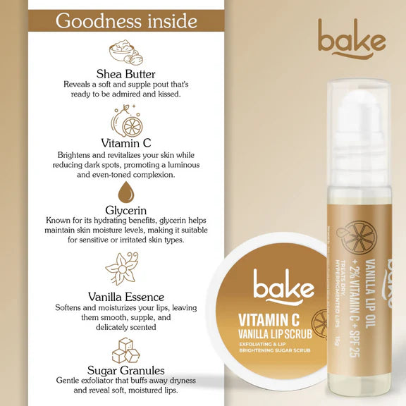 Bake Vitamin C Vanilla Lip Kit With Lip Balm SPF 25 & Lip Scrub For Dark & Pigmented Lips - combo