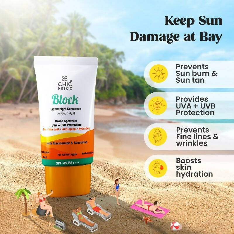 Chicnutrix Korean Block Lightweight Sunscreen SPF 45 PA+++ UVA + UVB Protection, Reduces Fine Lines And Wrinkles, Korean Skincare