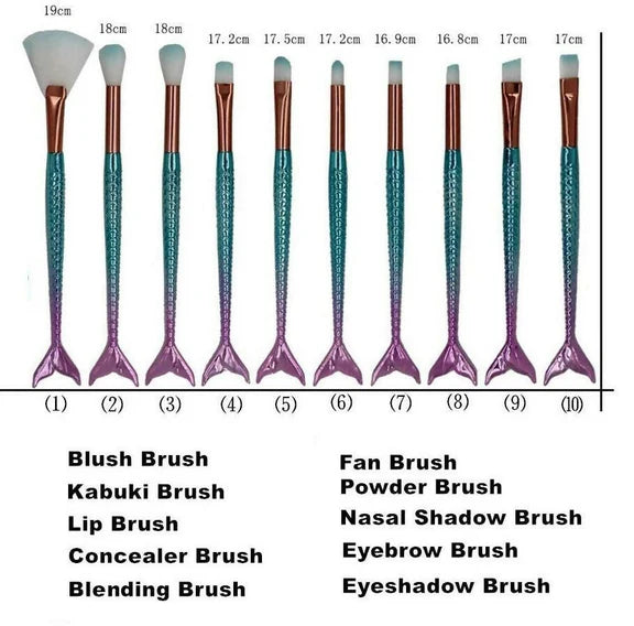 Favon Pack of 10 Professional Mermaid Shaped Makeup Brushes - Combo