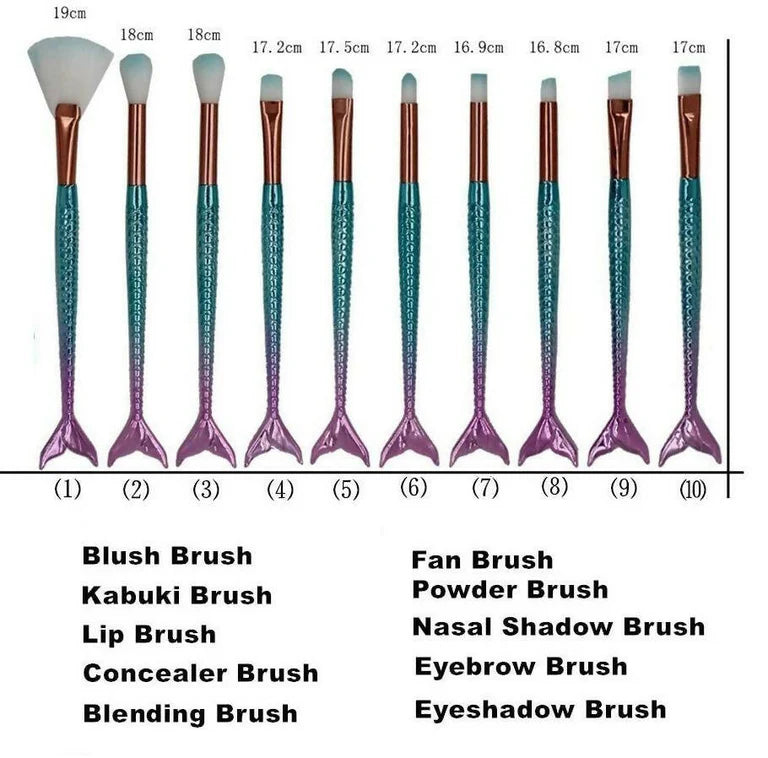 Favon Pack of 10 Professional Mermaid Shaped Makeup Brushes - Combo