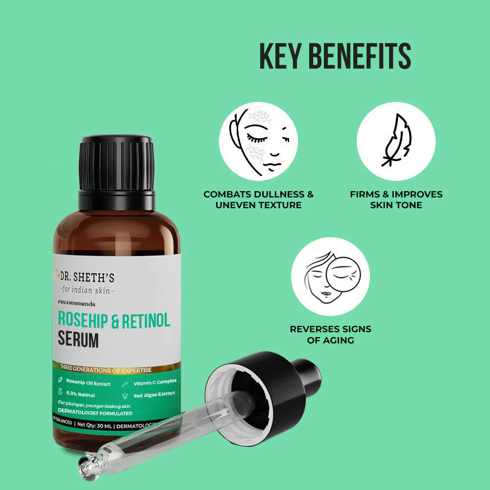 Dr. Sheth's Rosehip & Retinol Face Serum For Anti Ageing, Reduces fine lines & wrinkles, For All Skin Types