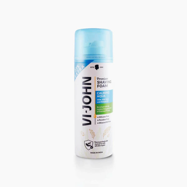VI-JOHN Dermatologically Tested Premium Claming Aqua Shaving Foam Enriched with Aloevera & Almond Oil Free From Silicone, Paraben & Mineral Oil - 200 gm