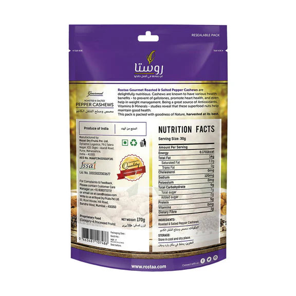 Rostaa Roasted & Salted Pepper Cashews - 170 gm