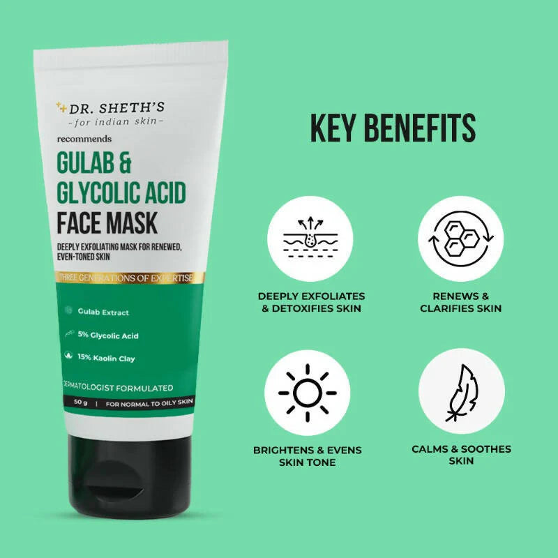Dr. Sheth's Gulab & Glycolic Acid Face Mask Deep Exfoliating Face Pack For Even-toned Skin, For Normal to Oily Skin
