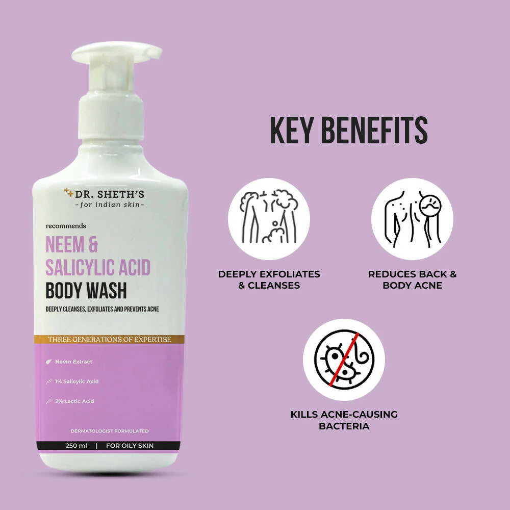Dr. Sheth's Neem & Salicylic Acid Body Wash For Body Acne, Anti-bacterial AHA BHA Body Wash