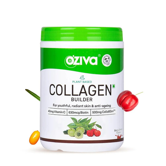OZiva Vegan Collagen Builder with Biotin & Vitamin C For Brighter & Youthful Skin | Collagen Supplement For Women & Men | Plant Based Collagen Powder -200 gm - Berry Orange