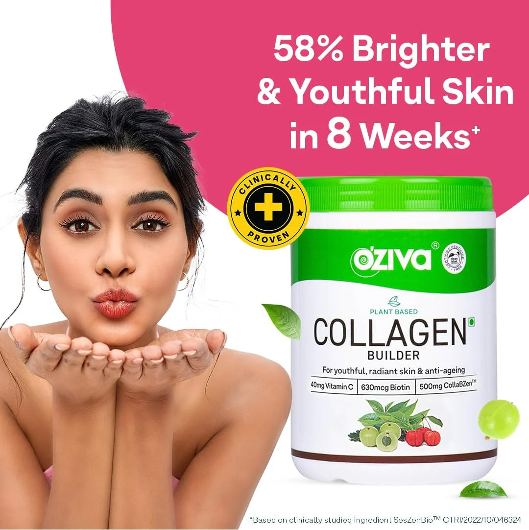 OZiva Vegan Collagen Builder with Biotin & Vitamin C For Brighter & Youthful Skin | Collagen Supplement For Women & Men | Plant Based Collagen Powder -200 gm - Berry Orange