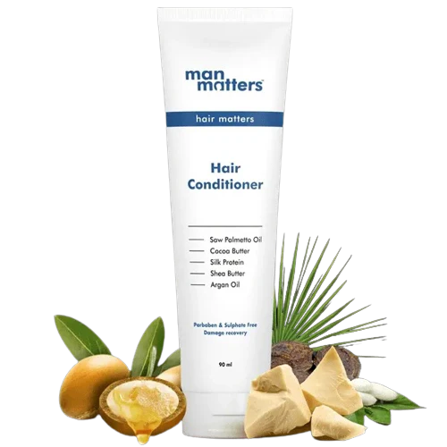Man Matters Hair Conditioner For Men With Silk protein, Shea butter, Argan Oil, Cocoa Butter, & Saw Palmetto Oil.