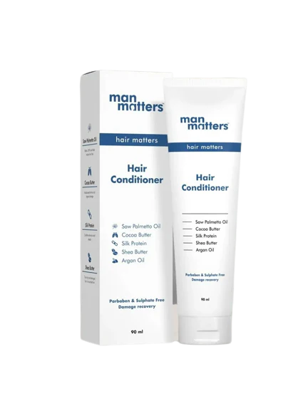 Man Matters Hair Conditioner For Men With Silk protein, Shea butter, Argan Oil, Cocoa Butter, & Saw Palmetto Oil.