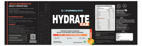 Reformulate Hydrate EAA I Supports Muscle Recovery | Zero Added Sugar | Improved Focus I Fluid Balance - Orange - 300 gm