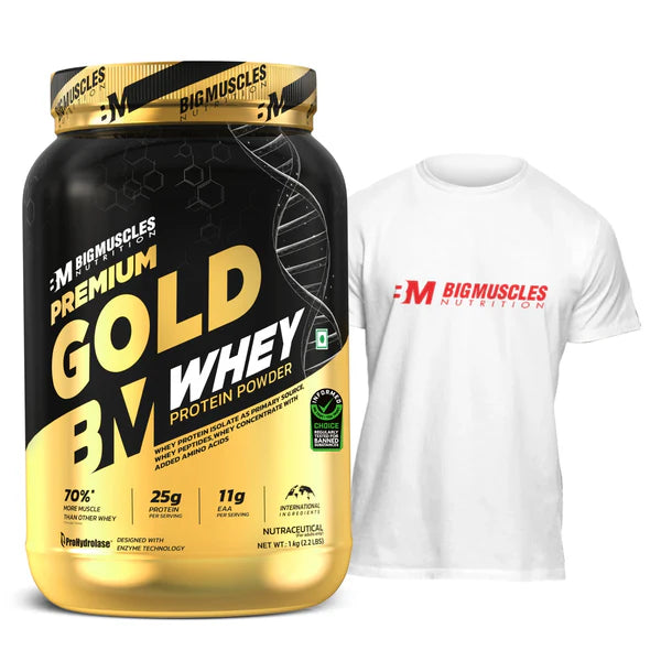 Big Muscles Nutrition Premium Gold Whey & TShirt-L Combo - 1 kg - Belgian Chocolate