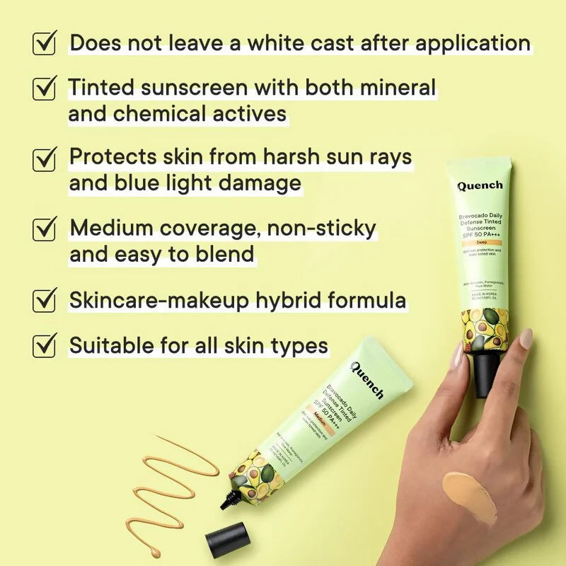 Quench Vitamin E Tinted SPF 50 Sunscreen PA+++ with both Mineral & Chemical Actives (Medium) - 50 ml