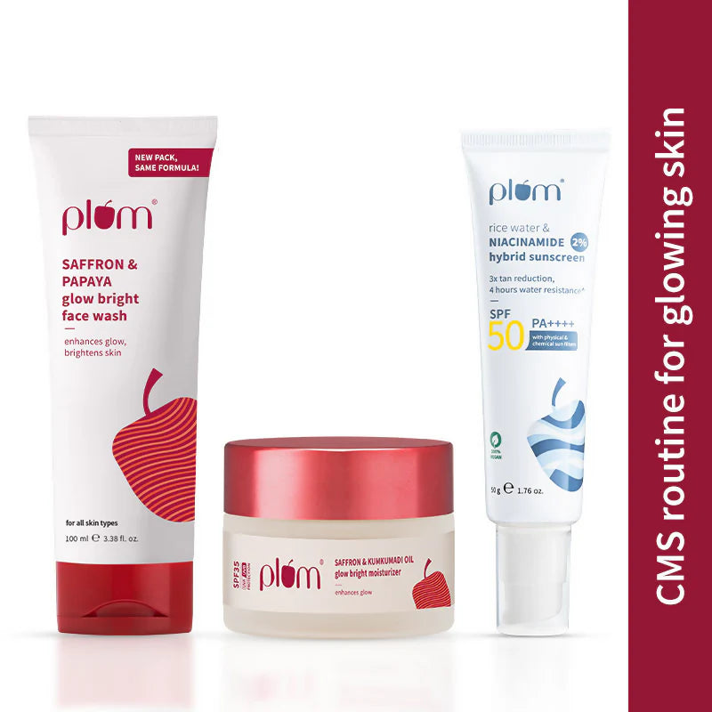 Plum CSM Combo - Saffron Face Wash Saffron Moisturizer & Niacinamide & Rice Water SPF Sunscreen - combo