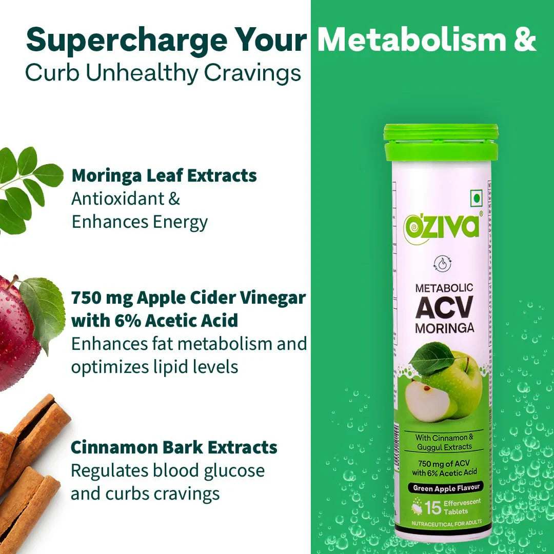 OZiva ACV Moringa For Weight Loss 3-in-1 Fat Oxidation Formula Tablets -Pack of 2 - 15 tabs