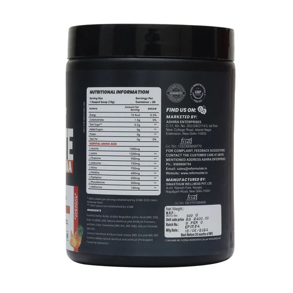 Reformulate Hydrate EAA I Supports Muscle Recovery | Zero Added Sugar | Improved Focus I Fluid Balance - Pine Apple - 300 gm