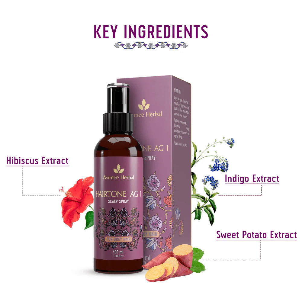 Avimee Herbal Hairtone AG 1 Scalp Spray For Grey Hair With Indigo, Henna, Beet Root and Hibiscus Extracts -
