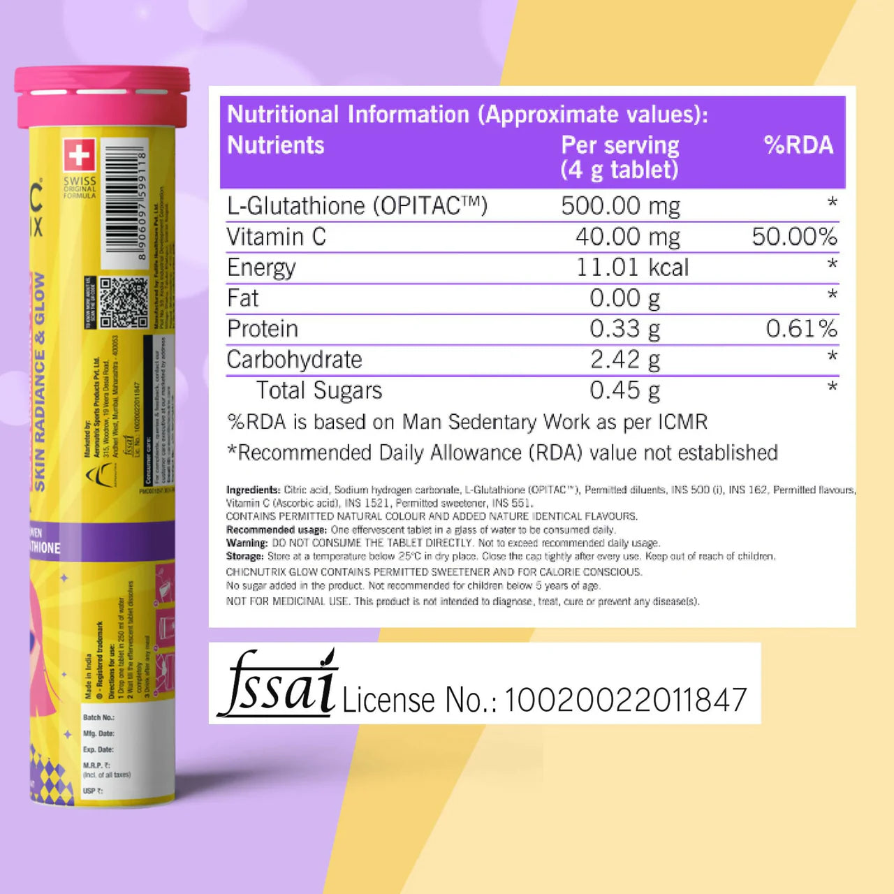 Chicnutrix Glow 500mg Effervescent Tablets - Black Currant Flavour Antioxidants For Clear, Glowing Skin
