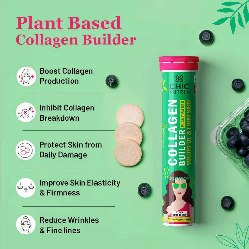 Chicnutrix Plant Based Collagen Builder Tablets for Youthful & Firm Skin -Blueberry Flavor