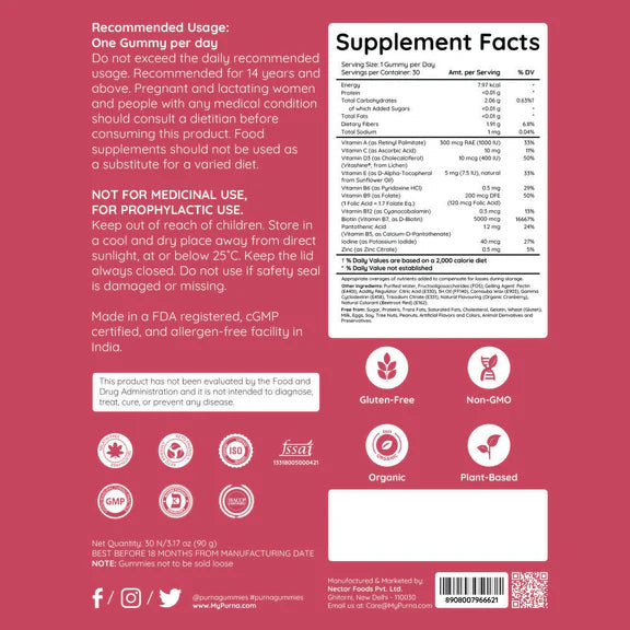 Purna Gummies Hair Biotin Cranberry Sugar Free Gummies with Vitamin B12 for Hair & Nail - 30 gummies