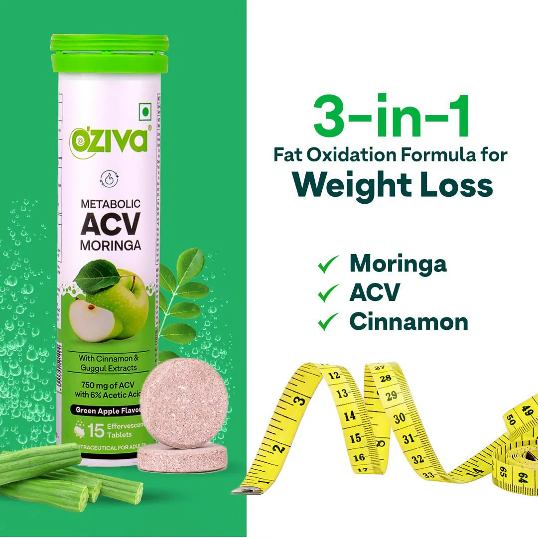 OZiva ACV Moringa For Weight Loss 3-in-1 Fat Oxidation Formula Tablets -Pack of 2 - 15 tabs