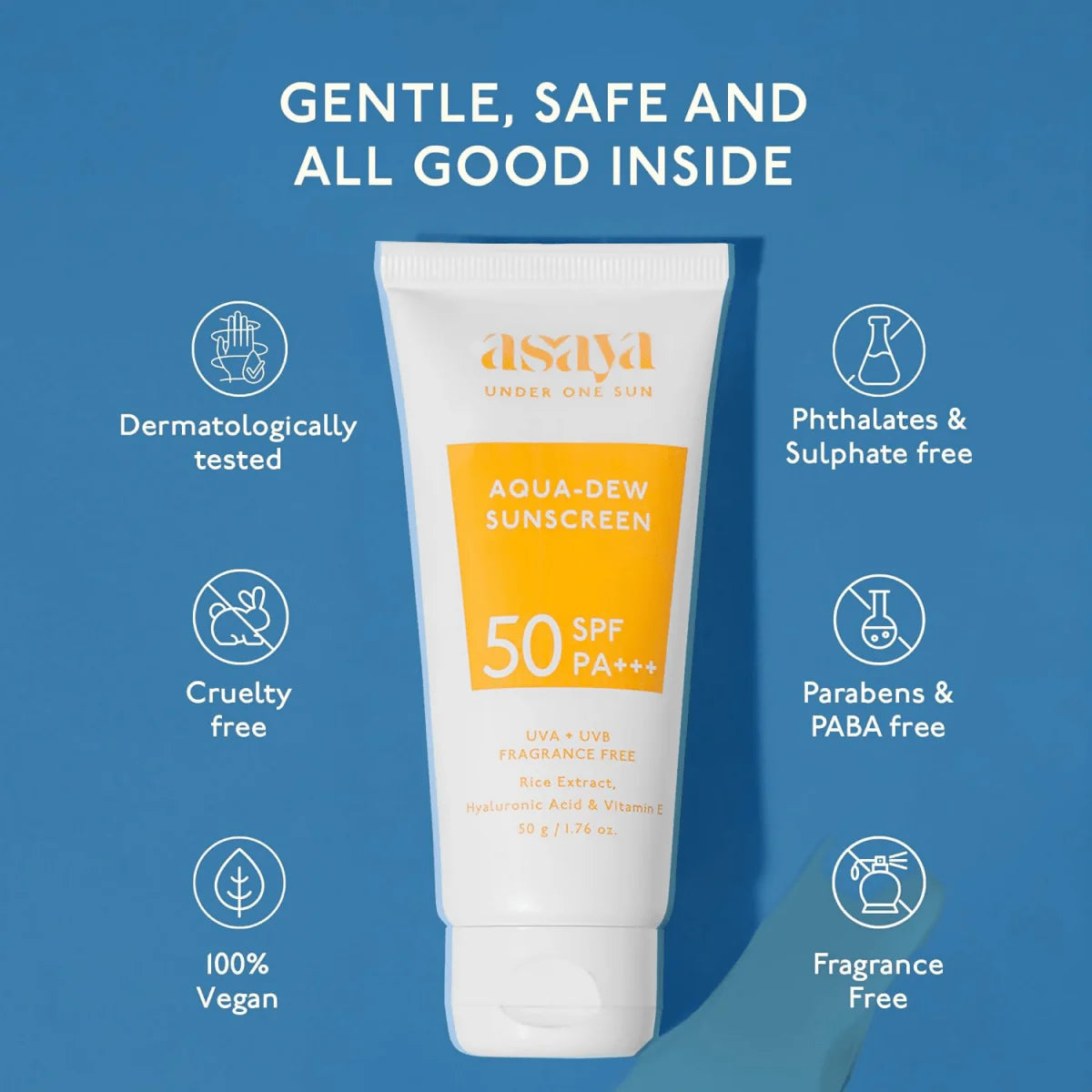 Asaya Aqua Dew Sunscreen SPF 50 PA+++ With Rice Extract For All Skin Types - 50 ml