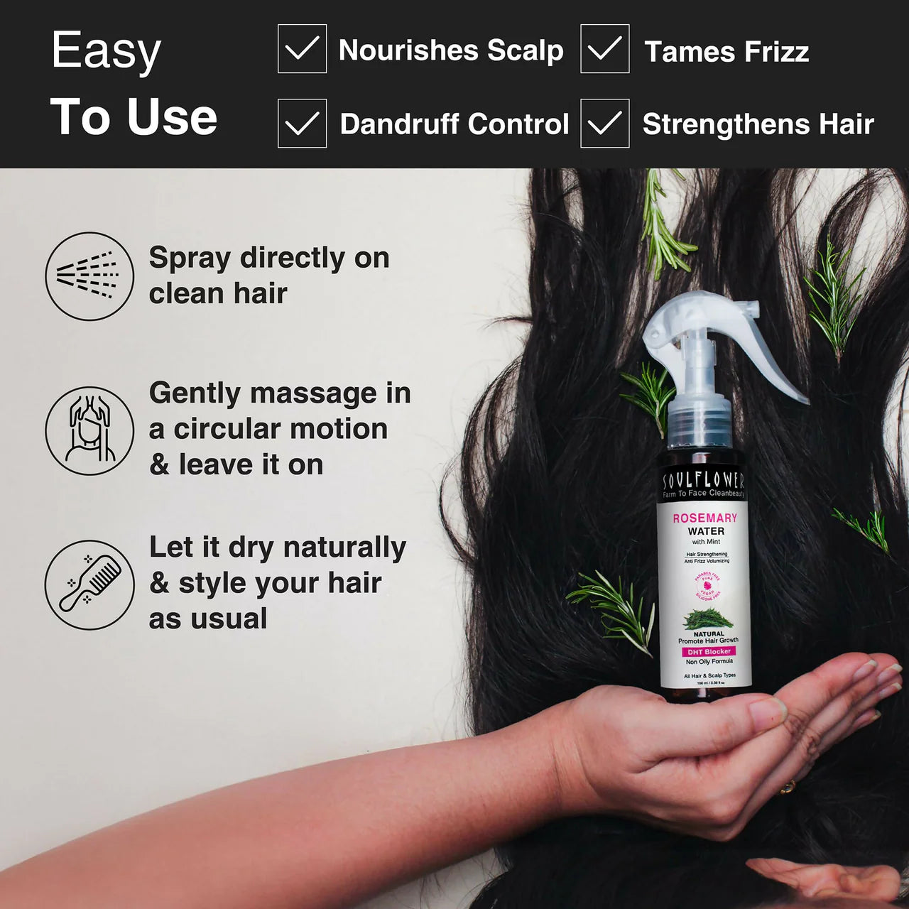 Soulflower Rosemary Water Spray with Mint For Hair growth, Hair fall control, Scalp health, Hair damage protection, Anti frizz