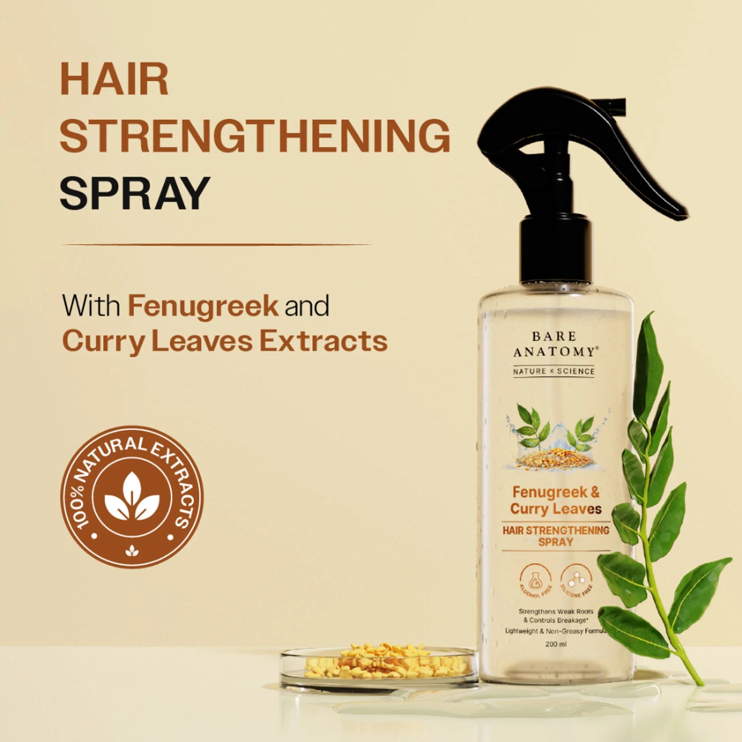Bare Anatomy Nature x Science Fenugreek and Curry Leaves Hair Strengthening Spray - 200 ml