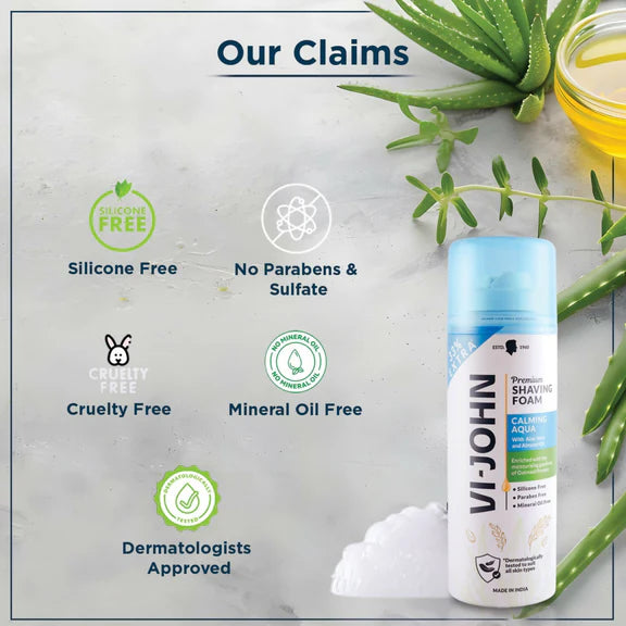 VI-JOHN Dermatologically Tested Premium Claming Aqua Shaving Foam Enriched with Aloevera & Almond Oil Free From Silicone, Paraben & Mineral Oil - 200 gm