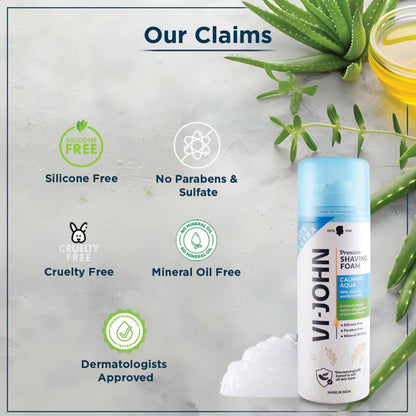 VI-JOHN Dermatologically Tested Premium Claming Aqua Shaving Foam Enriched with Aloevera & Almond Oil Free From Silicone, Paraben & Mineral Oil - 200 gm