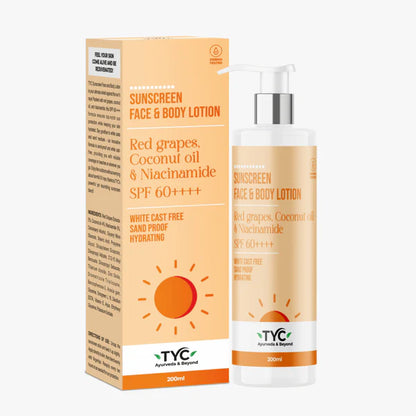 TYC Sunscreen Face & Body Lotion - Red Grapes, Coconut Oil & Niacinamide | SPF 60++++ - 200 ml
