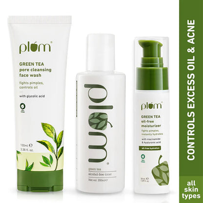 Plum Green Tea Face Wash, Toner & Moisturizer Kit for Acne-Free Skin & Oil-Free Hydration - combo