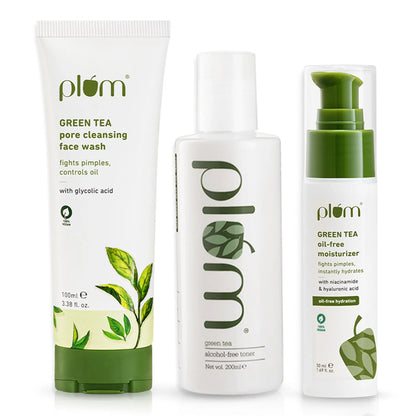 Plum Green Tea Face Wash, Toner & Moisturizer Kit for Acne-Free Skin & Oil-Free Hydration - combo