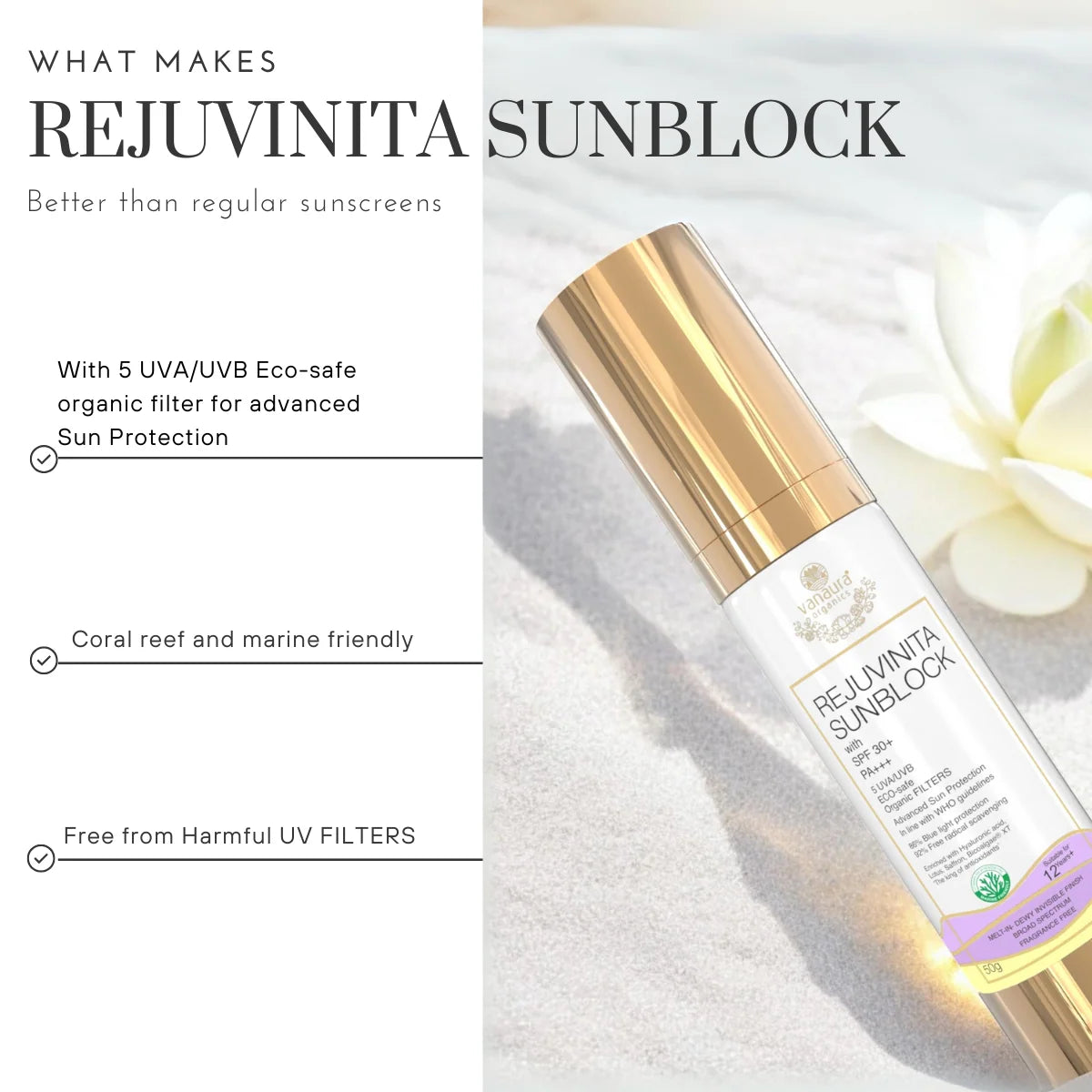 Rejuvinita sunblock cream with SPF 30+ PA+++ - 50 g ( Suitable for School kids and teens 12yrs+)