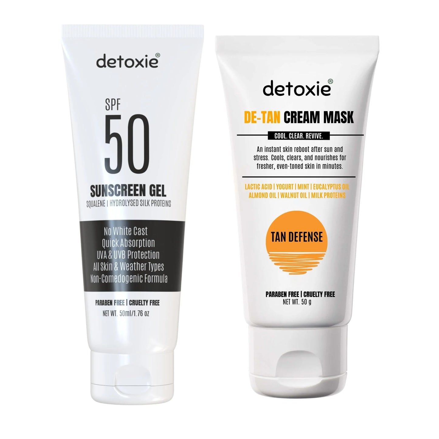 Detoxie Bright Summer Combo - SPF50 Sunscreen Gel & Detan Cream Mask - combo