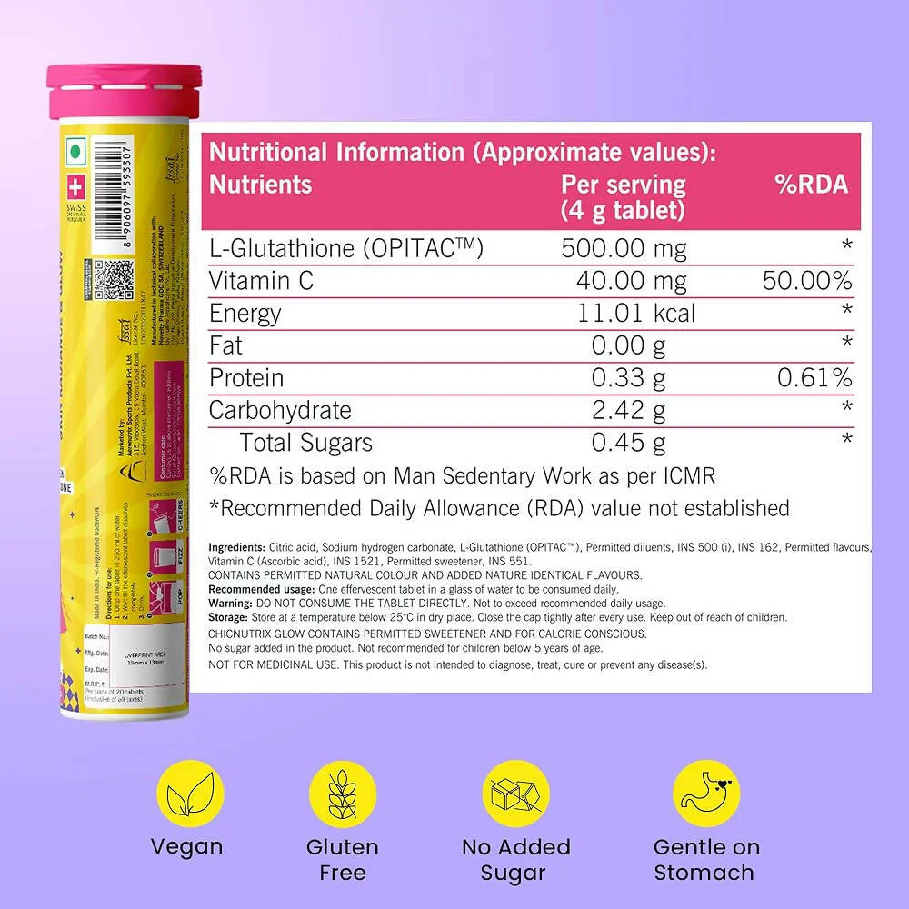 Chicnutrix Glow 500mg Effervescent Tablets - Strawberry & Lemon Flavor, For Glow & Radiance Skin