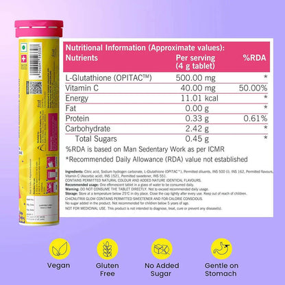 Chicnutrix Glow 500mg Effervescent Tablets - Strawberry & Lemon Flavor, For Glow & Radiance Skin