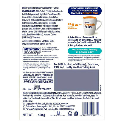 Horlicks Growth Plus Health & Nutrition Drink for Kids Faster Growth with Protein - 400 gm - Vanilla